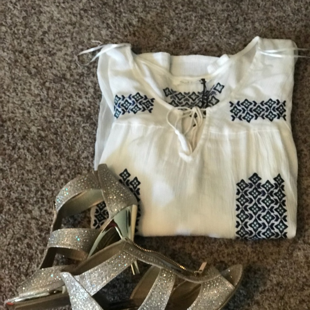 boho hippie boutique shirt top m navy white wms